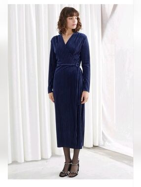 & Other Stories Paris Atelier Striped Blue Velvet Midi Wrap Dress Size US 4